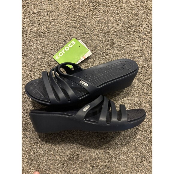 Crocs Rubber Rhonda Women Sandals Size 11 Navy Blue Wedge Slip On Slides - Picture 5 of 9